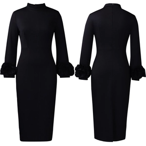 Detail view of the floral cluster pleated cuffs on a black slim-fit high-neck midi dress