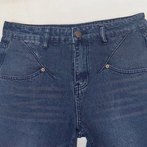 Women's slim fit dark blue jeans with high-waist cut and detailed V-stitch pocket design