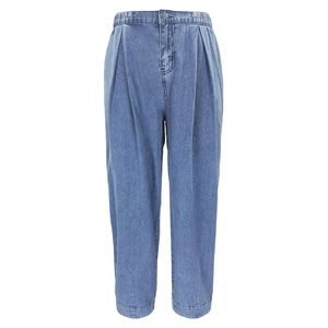 Pantalon en jean plissé taille haute pour femme bleu clair délavé coupe large et courte