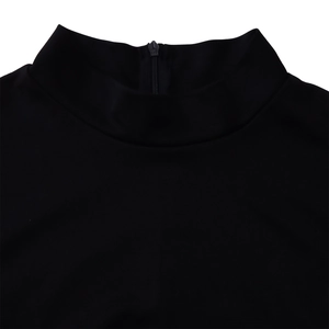 Close-up of the rear zipper closure on a black high-neck long sleeve slim dress