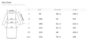 Size chart for casual V-neck maxi dress with detailed bust and shoulder measurements