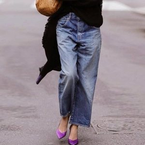 Women Vintage Washed Straight Leg Denim Jeans Mid Waist Loose Casual Cropped Pants Streetwear Washed Blue Trousers