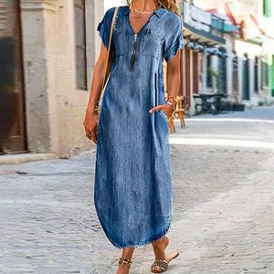 Women's Casual V-Neck Zipper Denim Dress Short Sleeve Loose Fit Maxi Dress Solid Color Fashion Commuter Summer Long Skirt
