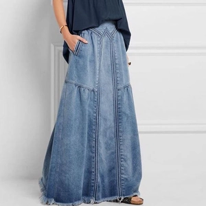 Jupe Maxi en Jean Taille Haute pour Femmes Taille Élastique Ligne A Coton Lavé Jupe Longue Avec Poches Bord Franc Vintage