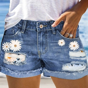 Distressed Denim Shorts Women Summer Daisy Floral Patchwork Raw Hem Mid Waist Sexy Hot Pants Streetwear Casual Jean Shorts