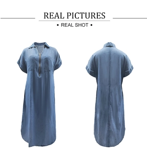Detailed front and back view of a blue V-neck denim dress with pockets and zipper