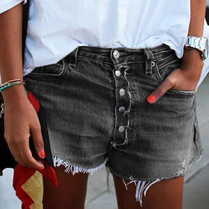 Short en jean taille haute pour femme délavage foncé avec boutons et ourlet effiloché