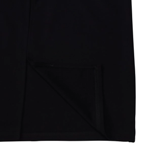 Detailed close-up showing fine stitching and fabric texture of the black dress slit