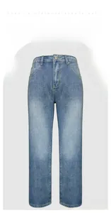 Detailed view of blue washed straight-leg denim jeans with retro five-pocket design