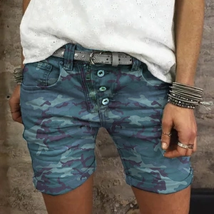 Women High Stretch Slim Fit Camouflage Denim Shorts Casual Mid Waist Button Fly Rolled Hem Hot Pants Summer Streetwear