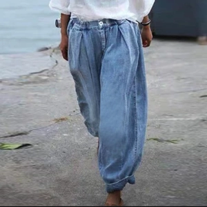 Pantalon Jean Sarouel Femme Décontracté Taille Élastique Coupe Ample Longueur Cheville Délavé Mélange Coton Style Rétro