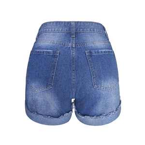Back view of women's denim shorts with mid-blue wash, distressed pockets, and frayed hem detail