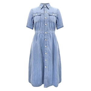Slim fit light blue denim midi dress with lapel collar and button-down front closure