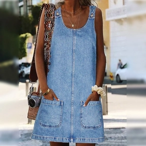 Women's Casual Sleeveless Denim Mini Dress U Neck Solid Color A-Line Sundress With Large Pockets Cotton Blend Summer Wear