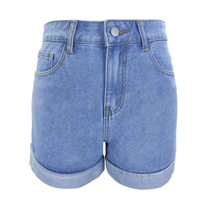 Women's light blue high waist denim shorts with rolled cuffs and silver metal button detail