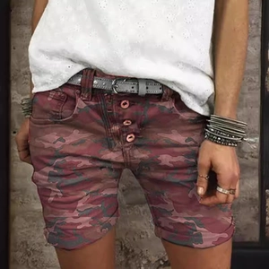 Women's slim fit camo shorts in red and pink with button fly and rolled hems