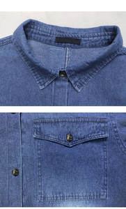 Détail de la robe chemise en jean bleu marine avec col classique et poche de poitrine
