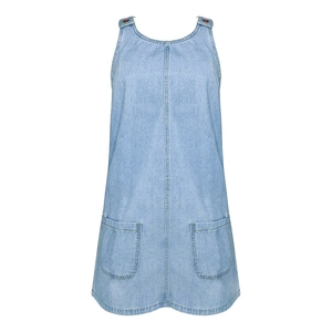 Women's light blue sleeveless denim dress with button straps and front pockets