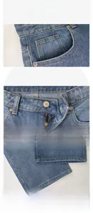 Detailed views of mid-rise denim jeans featuring metal button and classic five-pocket design