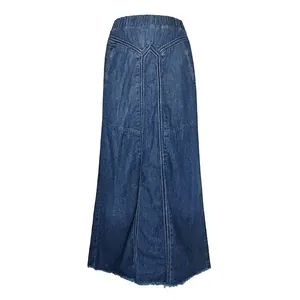 Jupe trapèze en jean bleu foncé pour femme avec taille haute élastique et ourlet effiloché