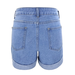 Women's light blue high-waisted denim shorts with classic back pockets and cuffed hem
