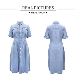 Detail of light blue denim shirt dress featuring lapel collar and button-down front