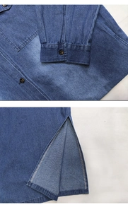 Détail d'une robe chemise en jean bleu foncé montrant poignets boutonnés et fente