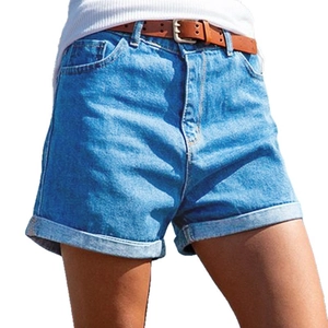 Women's summer light blue high-waisted denim shorts with rolled cuffs and brown belt