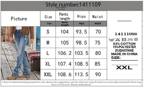 Detailed size chart for vintage embroidered flare jeans with fabric composition info