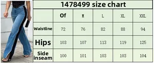 Detailed size chart for high waist patchwork wide leg jeans showing S to XXL measurements