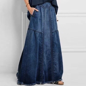 Detailed view of high-waist denim maxi skirt with vertical stitching and raw hem