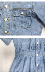 Detail view of light blue denim dress showing contrast stitching and silver buttons