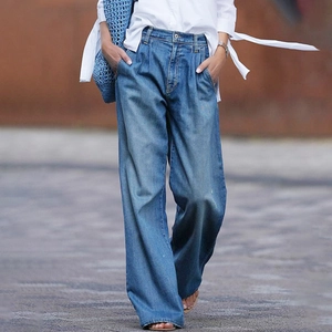 Damen High Waist Jeans Mit Weitem Bein Waschen Blau Locker Denim Hose Lässig Volle Länge Gerade Schlankmachend Hose Streetwear