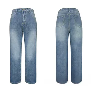 Front and back view of casual mid-waist straight leg jeans with blue wash and fade detail