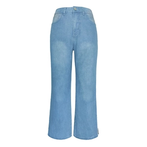 Detail of light blue high-waisted denim jeans featuring classic five-pocket styling and wash effect