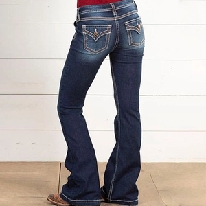 Women's high waist flared jeans in dark blue with flap back pockets and V-shape stitching