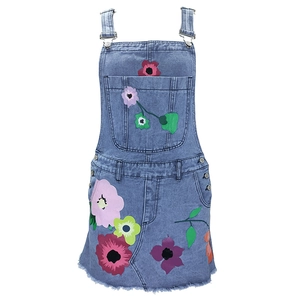 Robe chasuble en jean bleu clair pour fille avec imprimé floral et ourlet effiloché