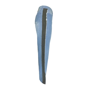 Women's light blue side-split wide-leg jeans with black frayed stripe paneling