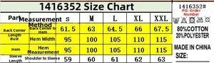 Detailed size chart for denim jacket showing S-XXL measurements in cm and cotton blend fabric