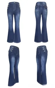 Front, back, and side views of high-waisted flare jeans with decorative metal buttons