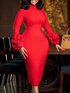 Elegant Women Polyester Spandex Bodycon Midi Dress High Neck Long Sleeve With 3D Floral Cuffs Sexy Party Office Lady Dress