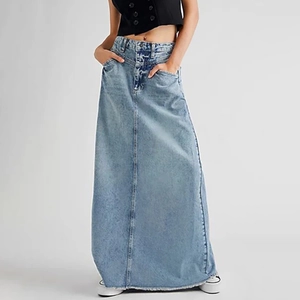 Women High Waist Denim A-Line Maxi Skirt Minimalist Casual Long Skirt With Raw Hem And Pockets Vintage Washed Jean Skirts