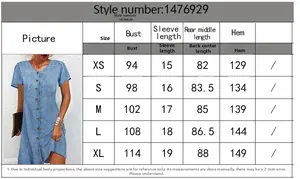 Detailed size chart for V-neck denim dress with bust and length measurements in cm
