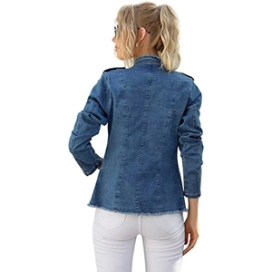 Women's slim fit blue cropped denim jacket with raw hem and vintage American style back