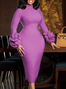 Elegant purple bodycon dress with mock neck and decorative 3D floral cuffs detail