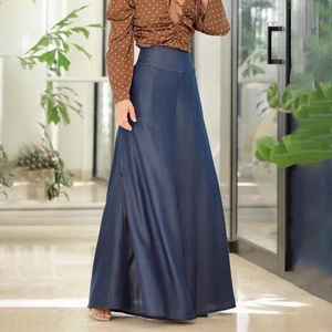 Women Vintage High Waist Denim A-Line Skirt Dark Blue Long Maxi Skirt With Side Slit Casual Elegant Elegant Denim Skirt