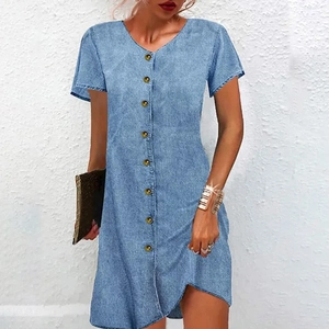 Women's Casual Denim Mini Dress Short Sleeve V Neck Button Down Loose A-Line Shirt Dress Washed Distressed Cotton Blend Dress