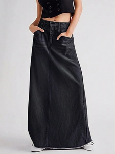 Jupe en Jean Noir à Taille Haute pour Femmes Jupe Longue Maxi Ligne A Lavée Ourlet Effiloché Distressed Avec Poches Vêtements de Bureau Élégants