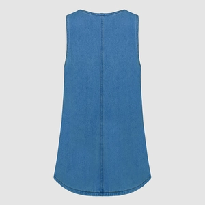 Detailed back view of a blue denim mini dress featuring a central seam and a curved hemline