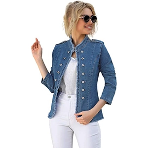 Women's slim fit denim jacket in mid-blue with military style buttons and frayed edges